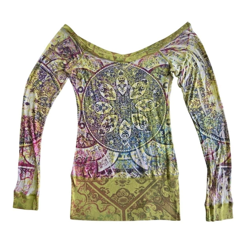 VTG y2k boho hippy sheer long sleeve tie dye graphic shirt off shoulder / LG